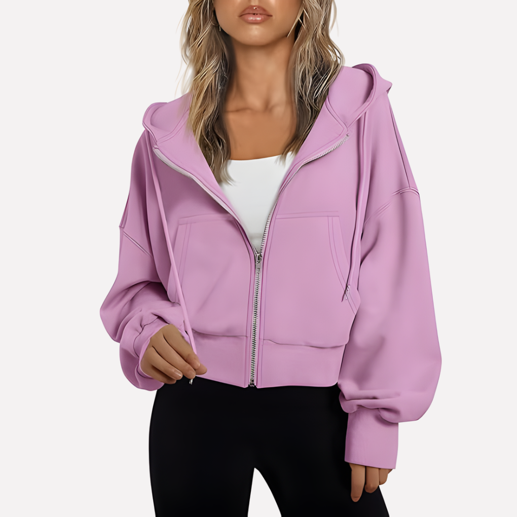 Women’s Zip Hoodie Relaxed Fit Cropped Drawstring Jacket