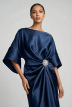 Wedding Guest Satin-Finish Batwing Jewel Midi Dress