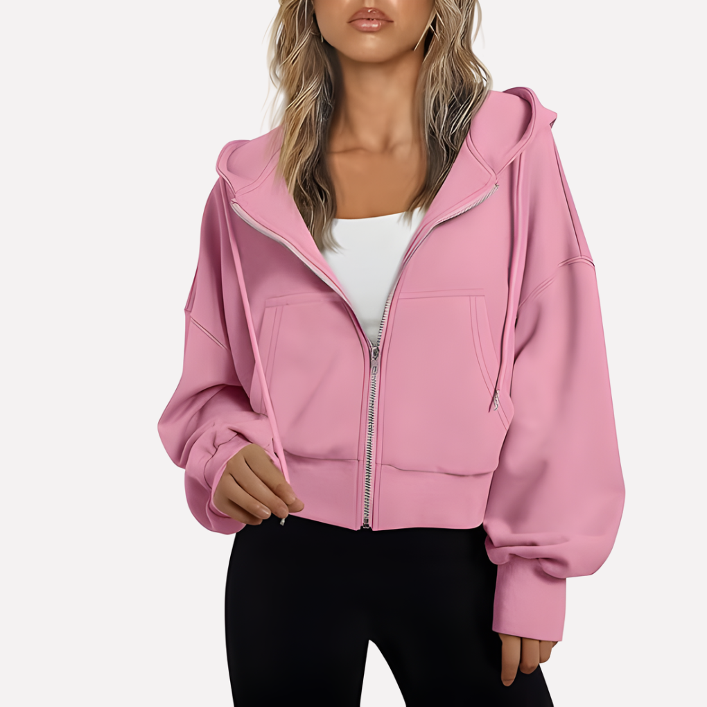 Women’s Zip Hoodie Relaxed Fit Cropped Drawstring Jacket