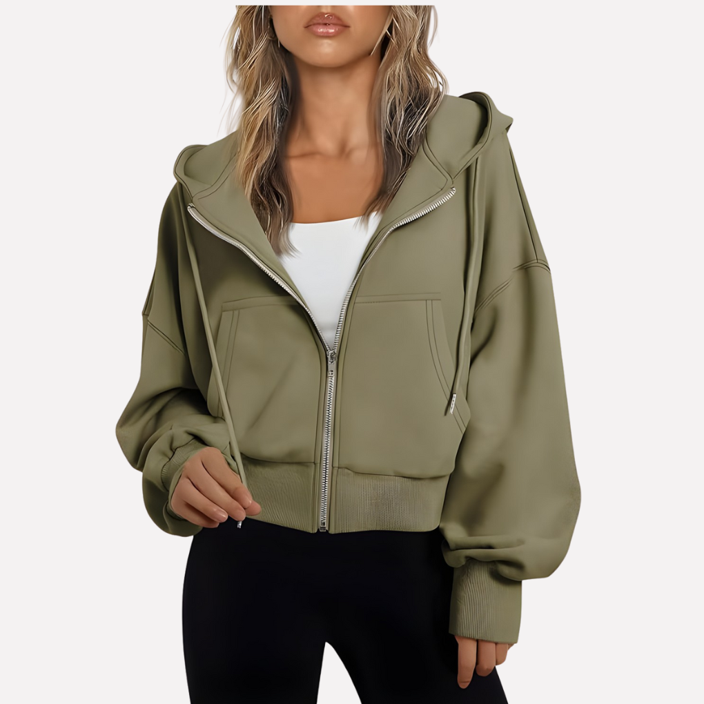 Women’s Zip Hoodie Relaxed Fit Cropped Drawstring Jacket