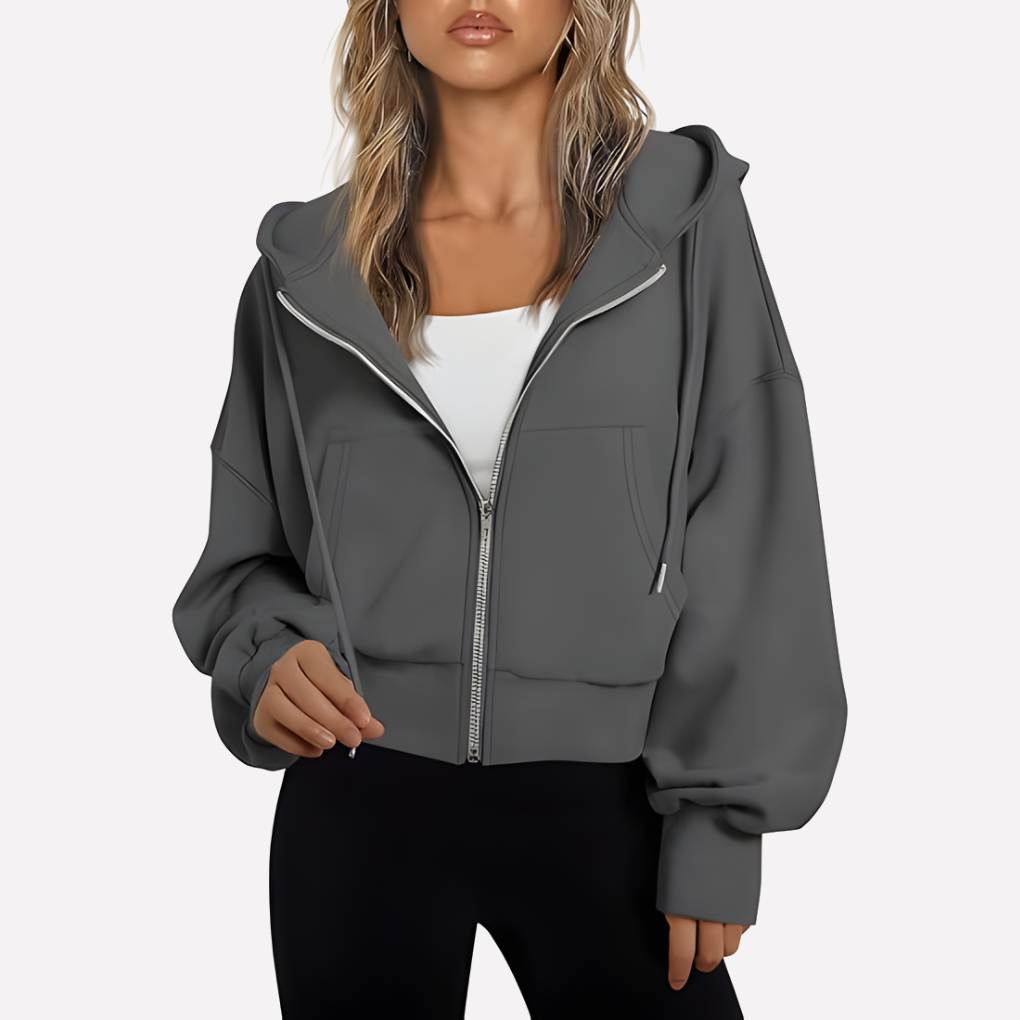 Women’s Zip Hoodie Relaxed Fit Cropped Drawstring Jacket