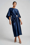 Wedding Guest Satin-Finish Batwing Jewel Midi Dress