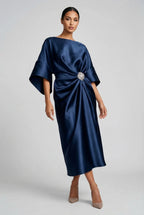 Wedding Guest Satin-Finish Batwing Jewel Midi Dress