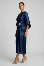 Wedding Guest Satin-Finish Batwing Jewel Midi Dress