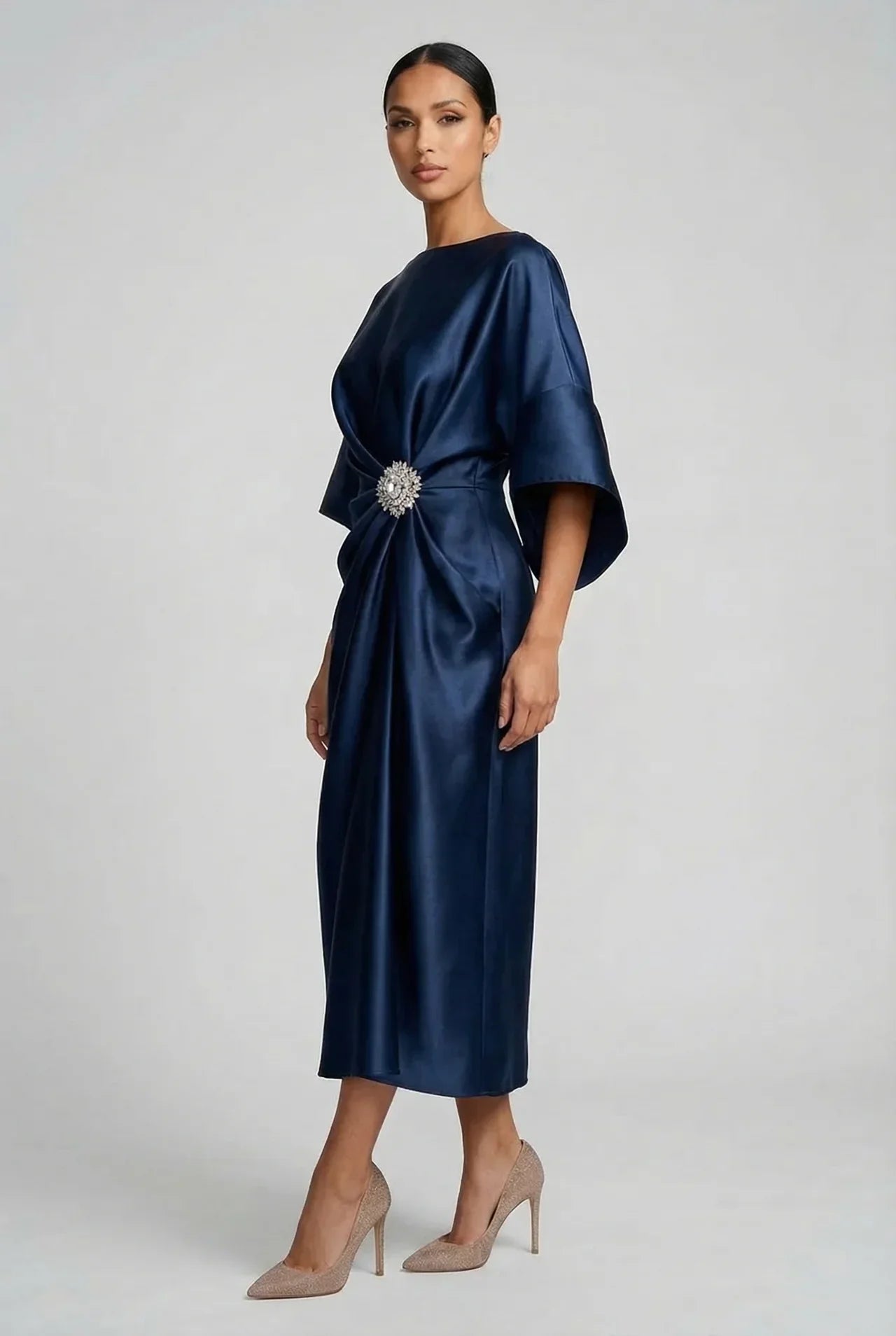 Wedding Guest Satin-Finish Batwing Jewel Midi Dress