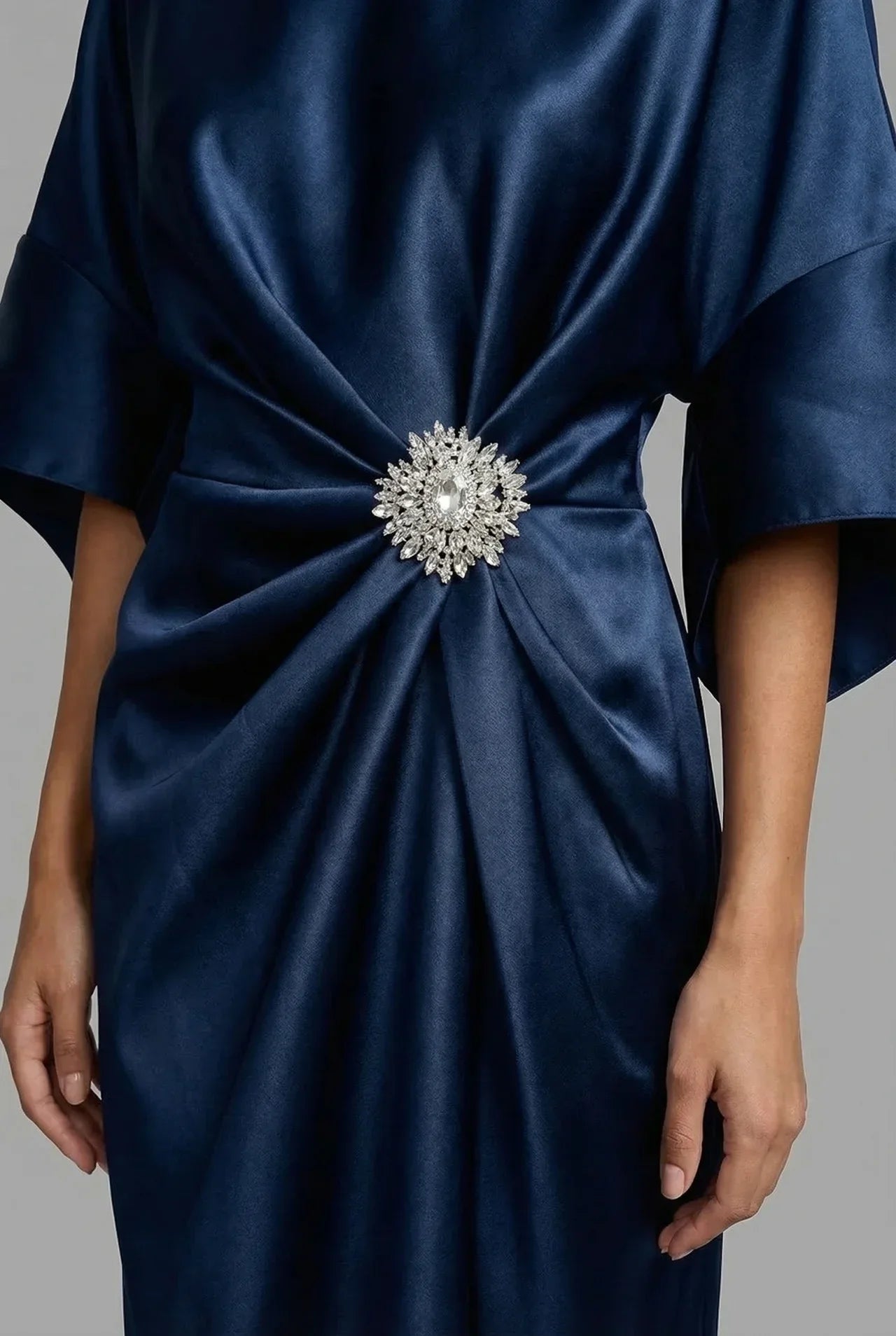 Wedding Guest Satin-Finish Batwing Jewel Midi Dress