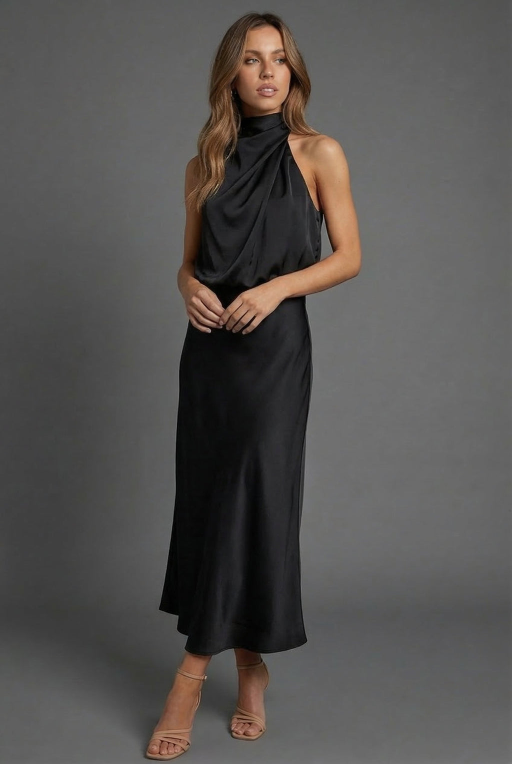 Halterneck Satin Style Wedding Guest Midi Dress