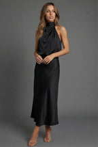 Halterneck Satin Style Wedding Guest Midi Dress