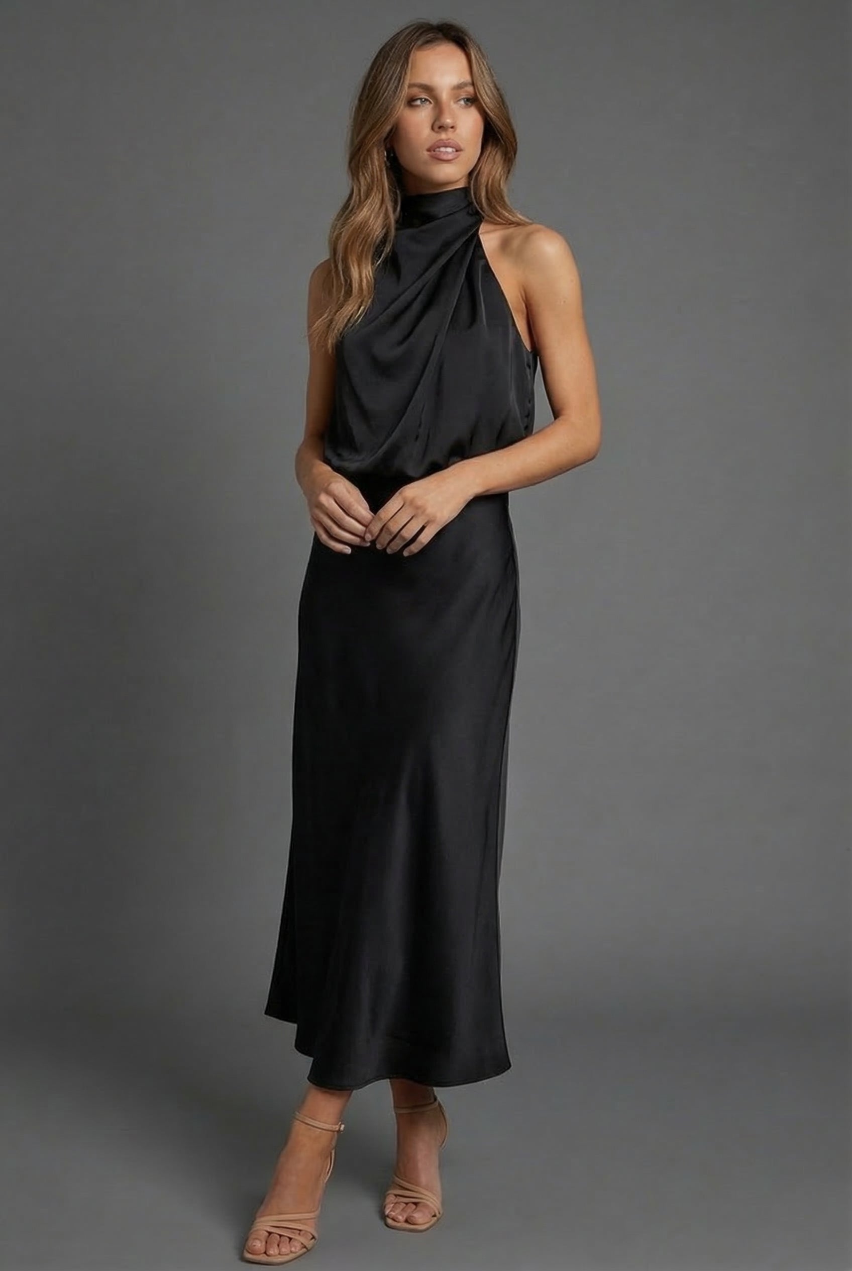 Halterneck Satin Style Wedding Guest Midi Dress
