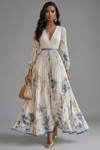 Floral V-Neck Long Sleeve Maxi Wedding Guest Dress