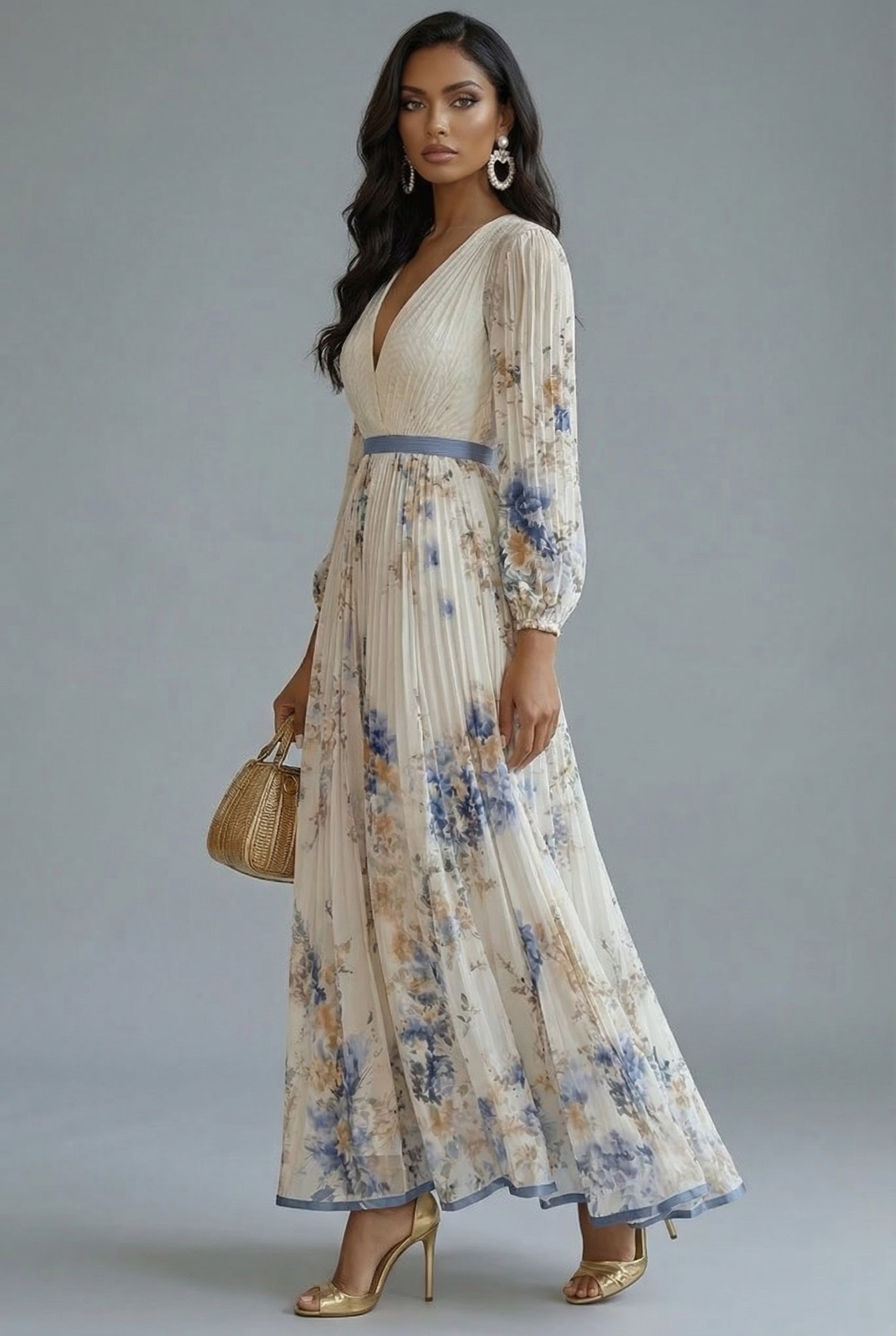 Floral V-Neck Long Sleeve Maxi Wedding Guest Dress