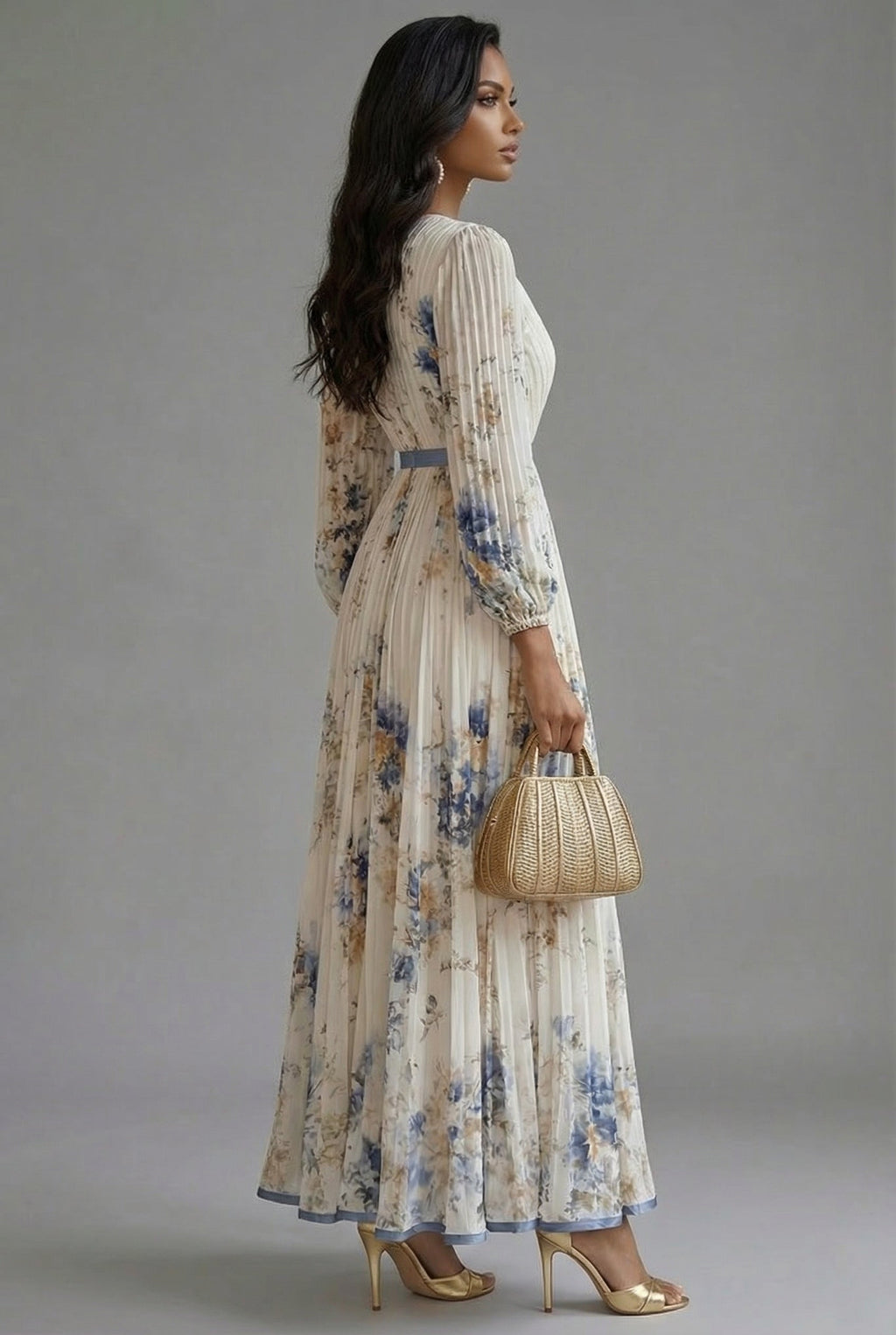 Floral V-Neck Long Sleeve Maxi Wedding Guest Dress