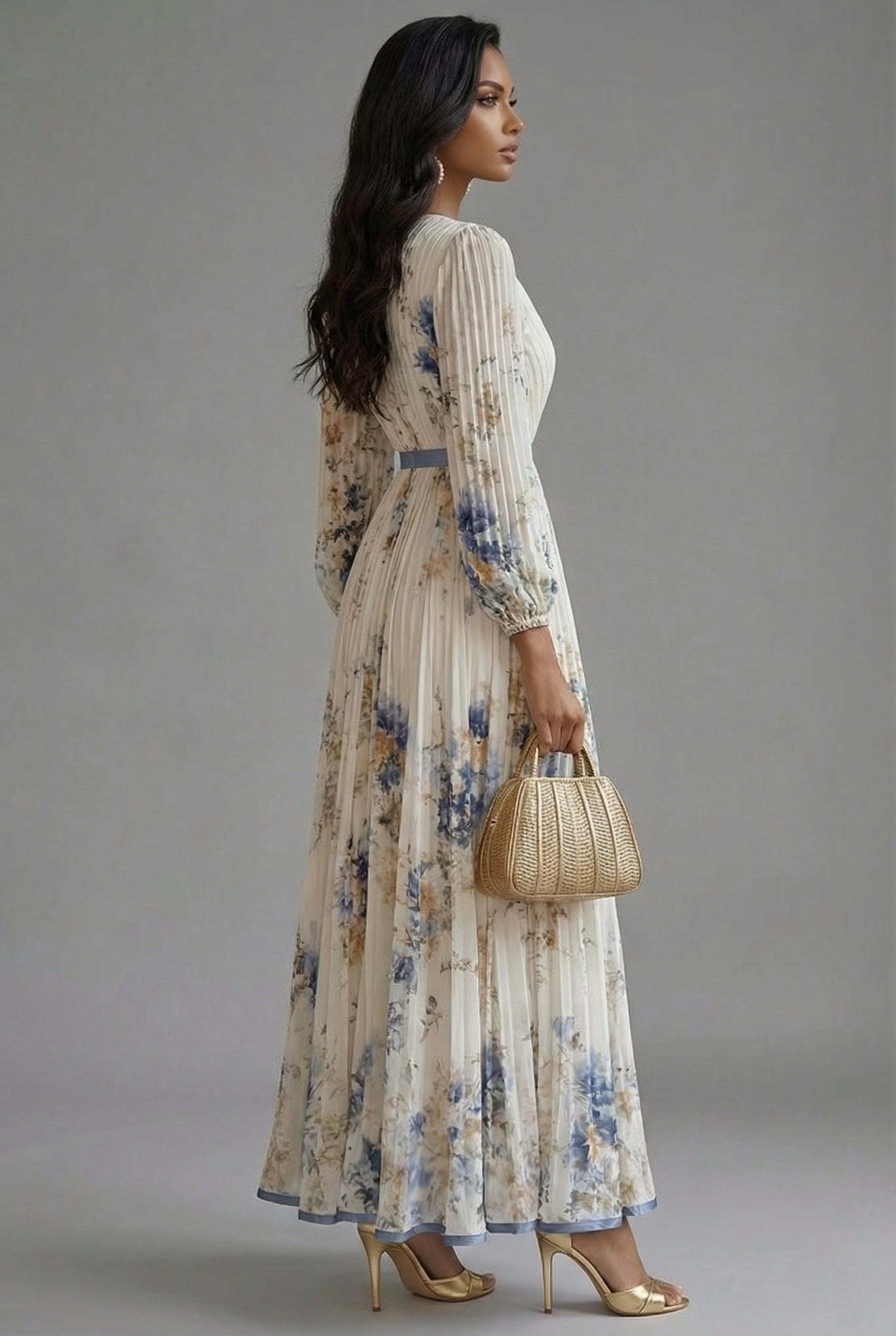 Floral V-Neck Long Sleeve Maxi Wedding Guest Dress