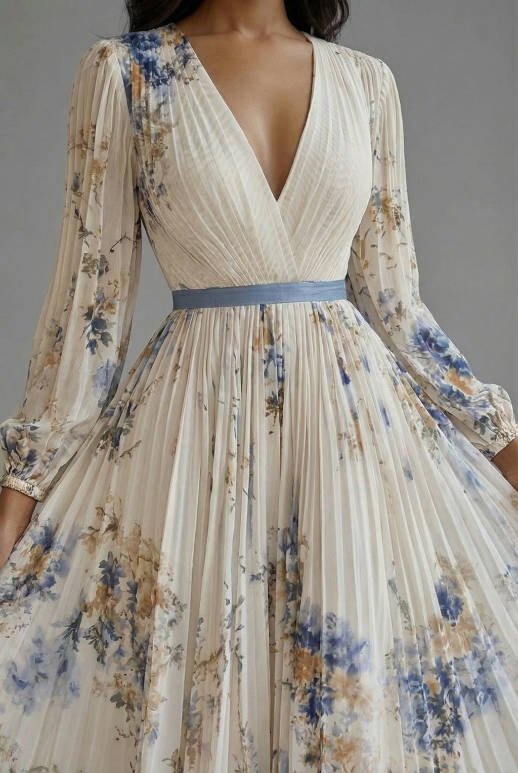 Floral V-Neck Long Sleeve Maxi Wedding Guest Dress