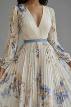 Floral V-Neck Long Sleeve Maxi Wedding Guest Dress