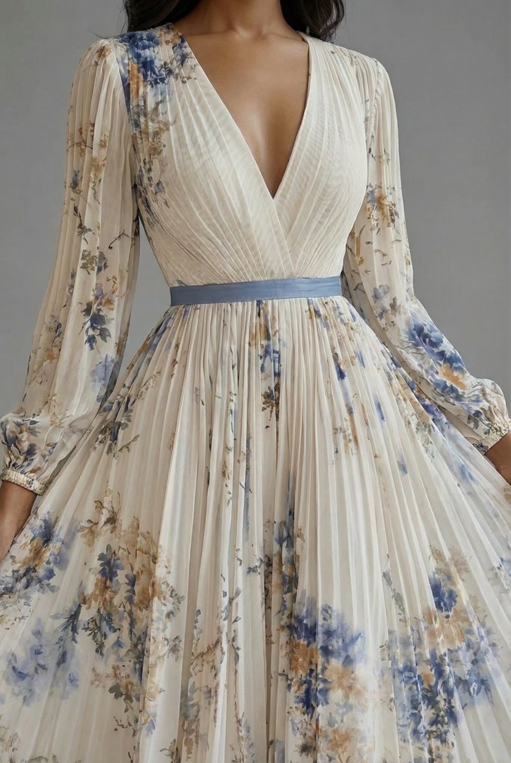 Floral V-Neck Long Sleeve Maxi Wedding Guest Dress
