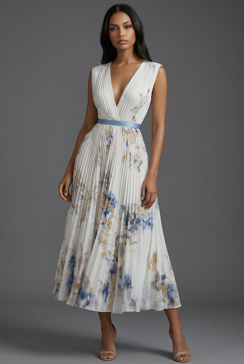 V-Neck Pleated Floral Midi Wedding Guest Dress