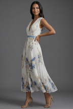 V-Neck Pleated Floral Midi Wedding Guest Dress