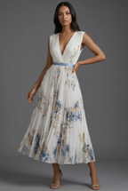 V-Neck Pleated Floral Midi Wedding Guest Dress