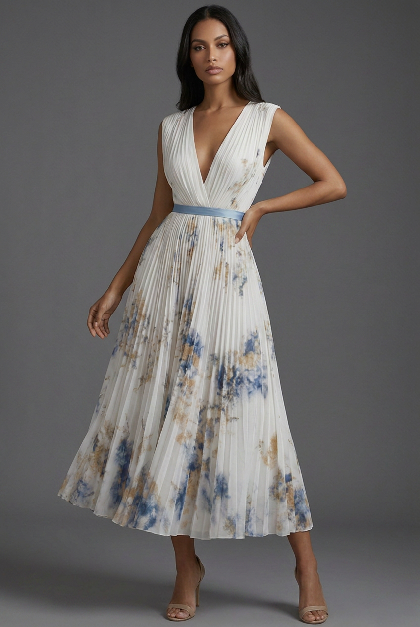 V-Neck Pleated Floral Midi Wedding Guest Dress
