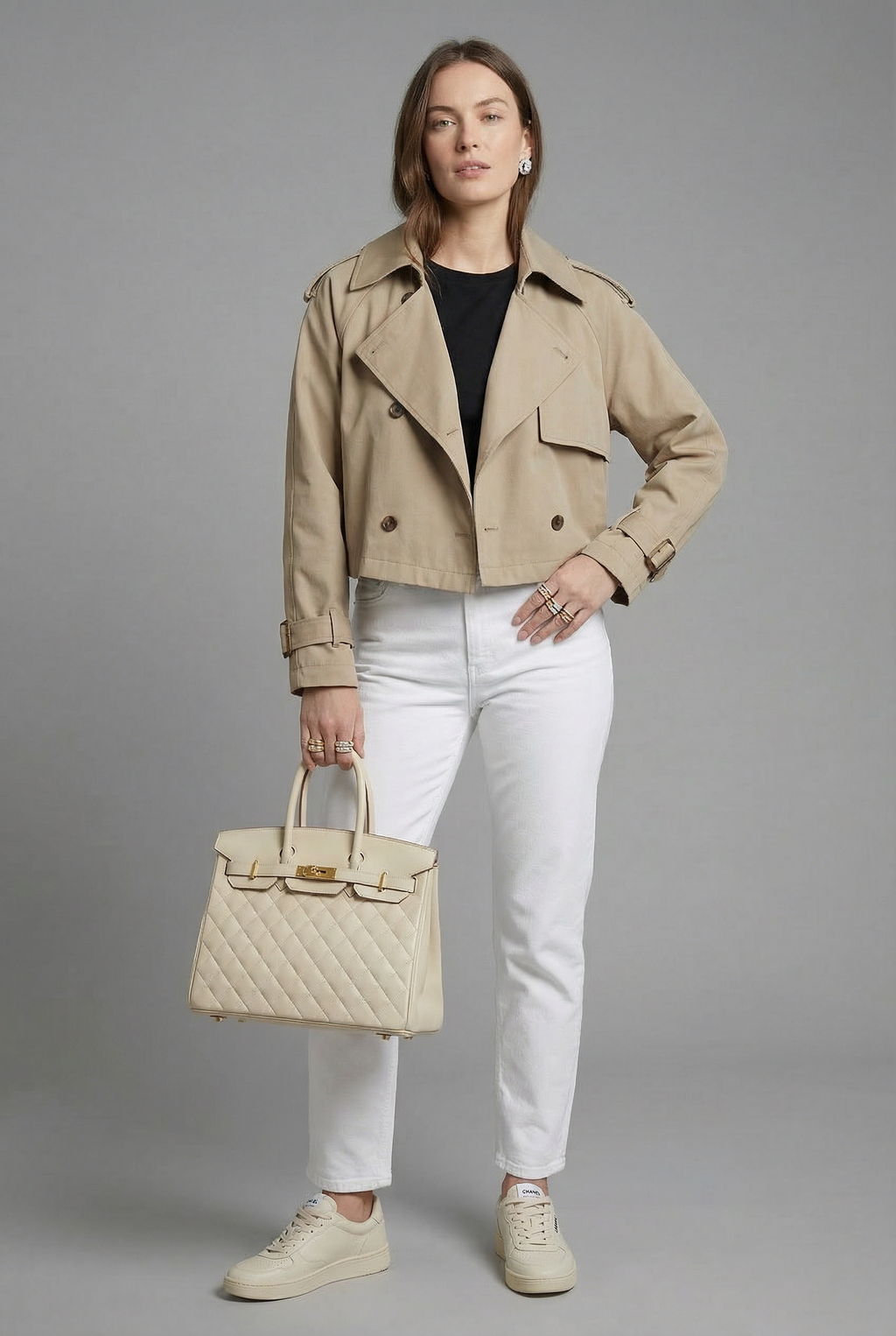 Women’s Khaki Cropped Trench Coat Lightweight Casual Outerwear