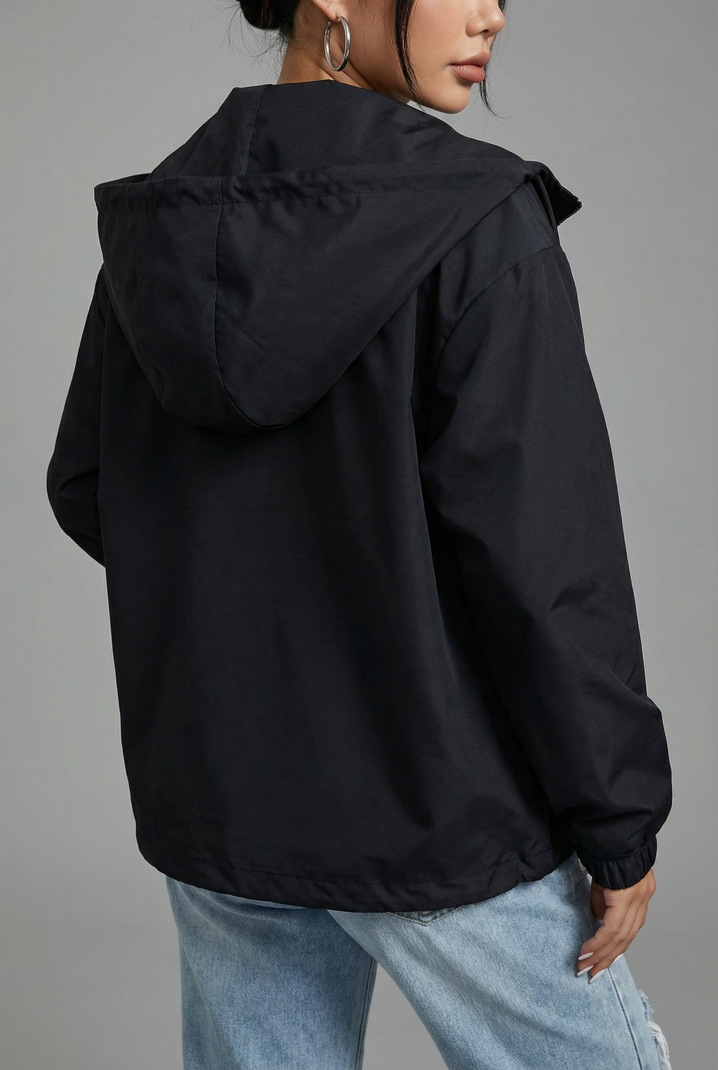 Women’s Black Cropped Spring Jacket Lightweight Hooded Casual Outerwear