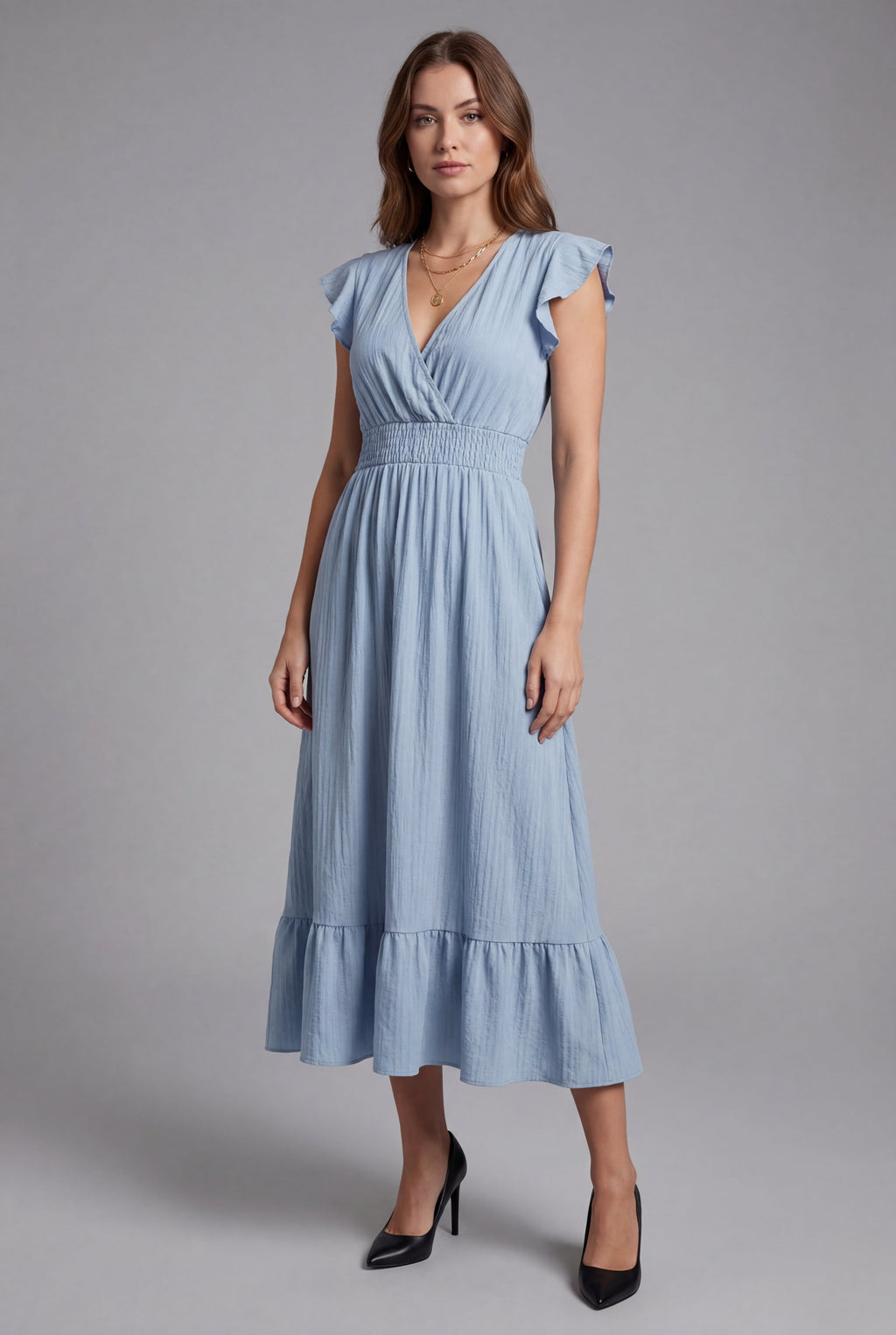 Women’s Ascot Elegant V Neck Flutter Sleeve Maxi Dress