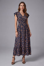 Women’s Floral V Neck Shirred Waist Midi Dress