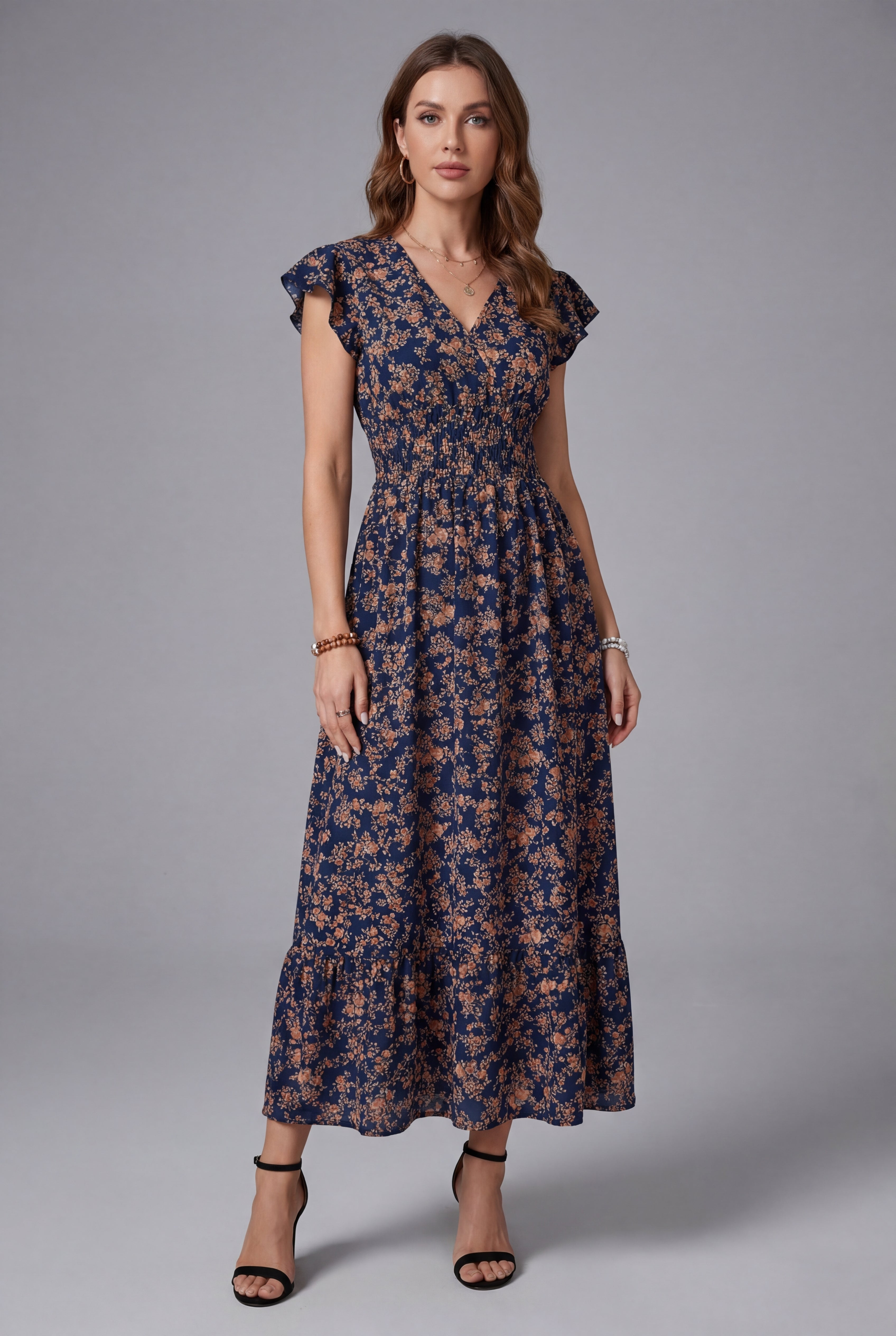 Women’s Floral V Neck Shirred Waist Midi Dress