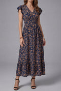 Women’s Floral V Neck Shirred Waist Midi Dress