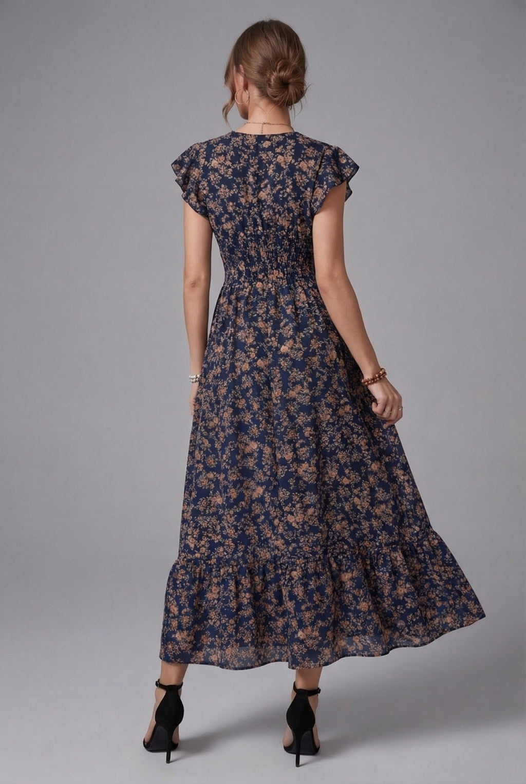 Women’s Floral V Neck Shirred Waist Midi Dress