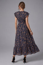 Women’s Floral V Neck Shirred Waist Midi Dress