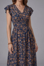 Women’s Floral V Neck Shirred Waist Midi Dress