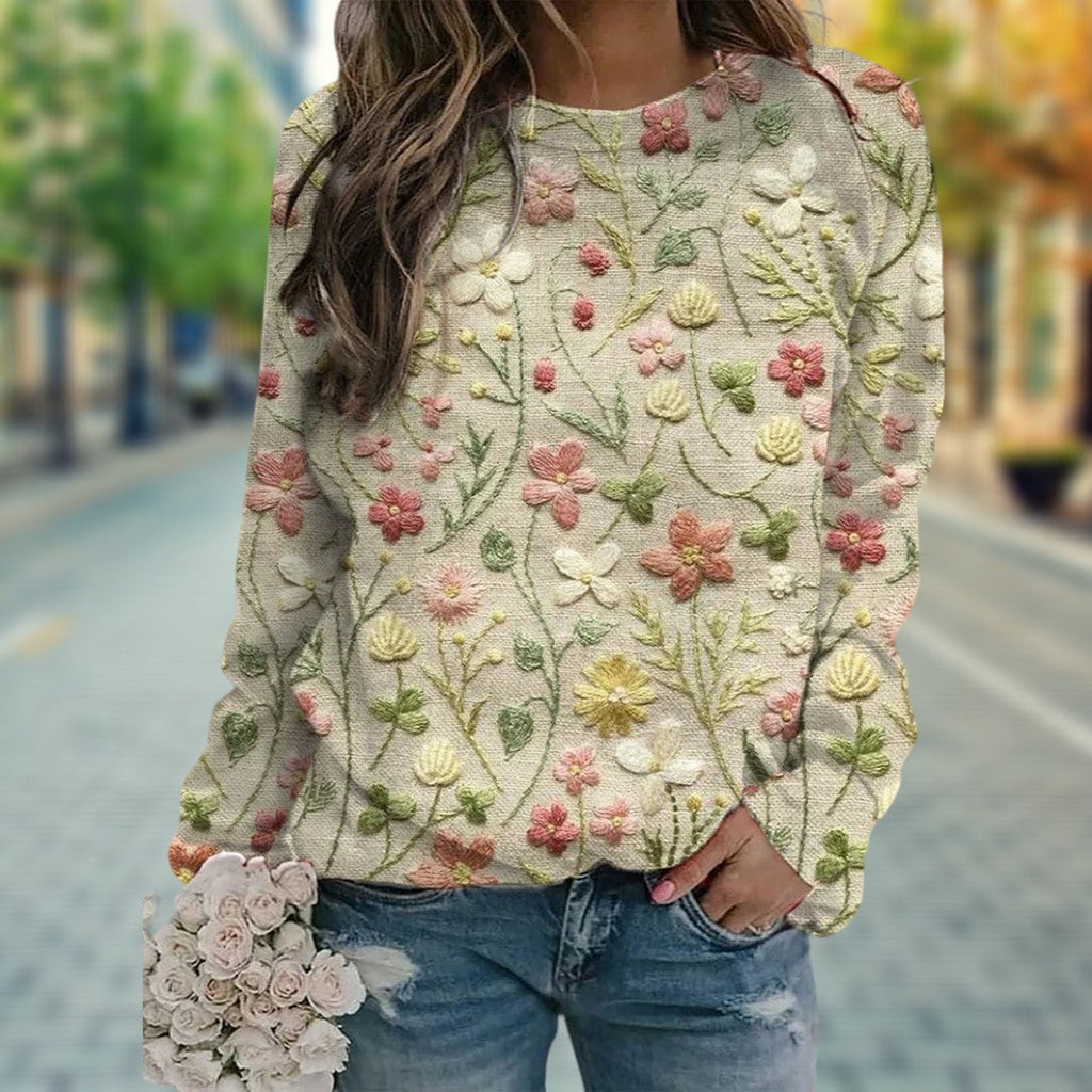 Women’s Floral Embroidered Sweater – Cotton Crew Neck Lightweight Spring Casual Knitwear