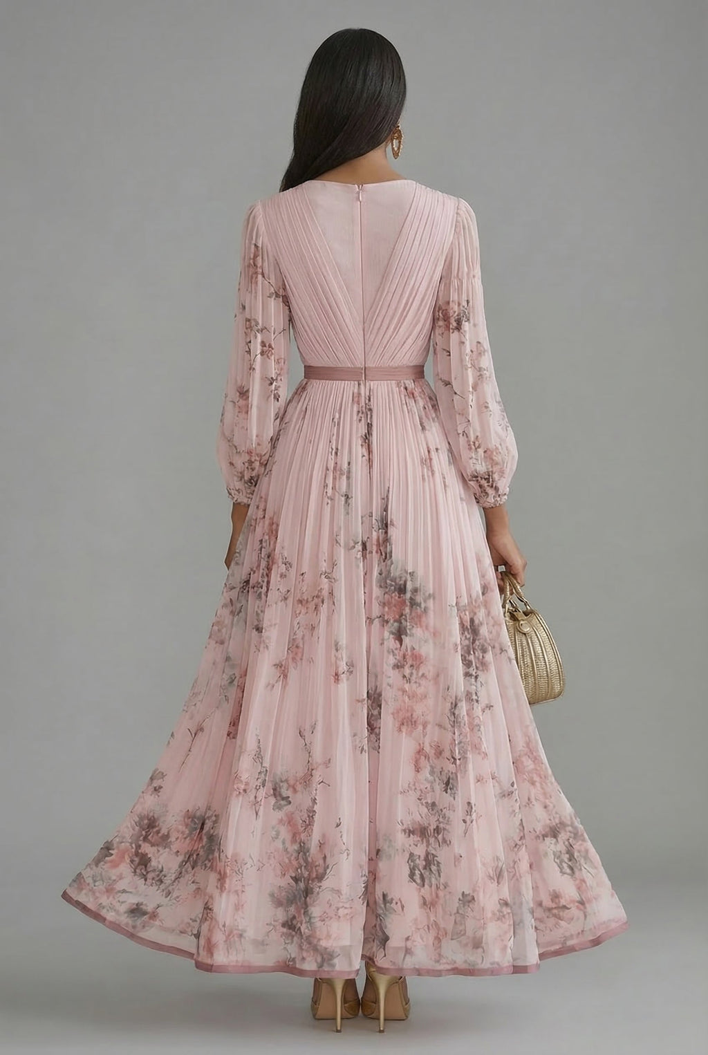 Floral V-Neck Long Sleeve Maxi Wedding Guest Dress