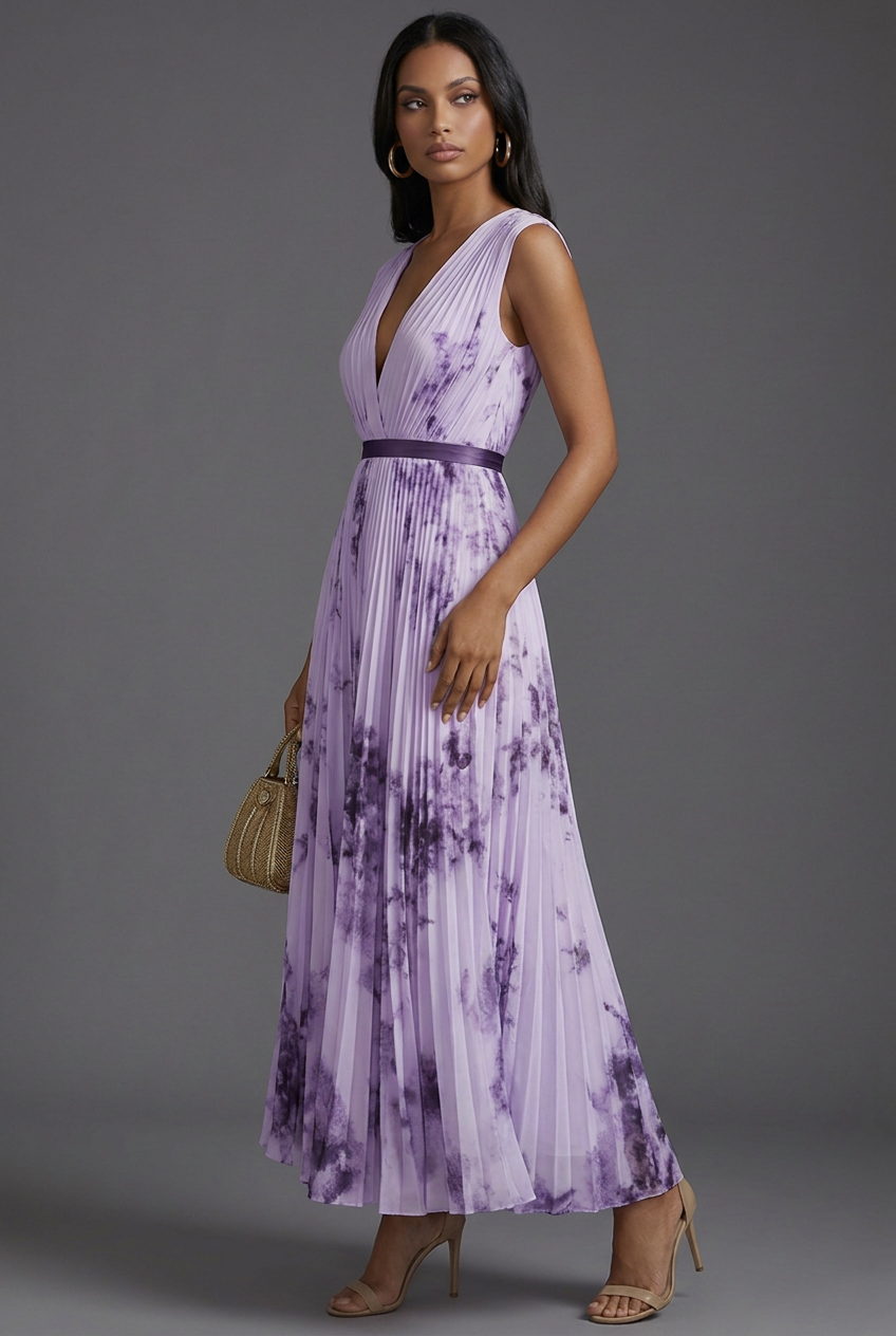 V-Neck Pleated Floral Midi Wedding Guest Dress