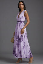 V-Neck Pleated Floral Midi Wedding Guest Dress