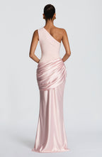 One Shoulder Ruched Draped Satin-Finish Graduation Dress