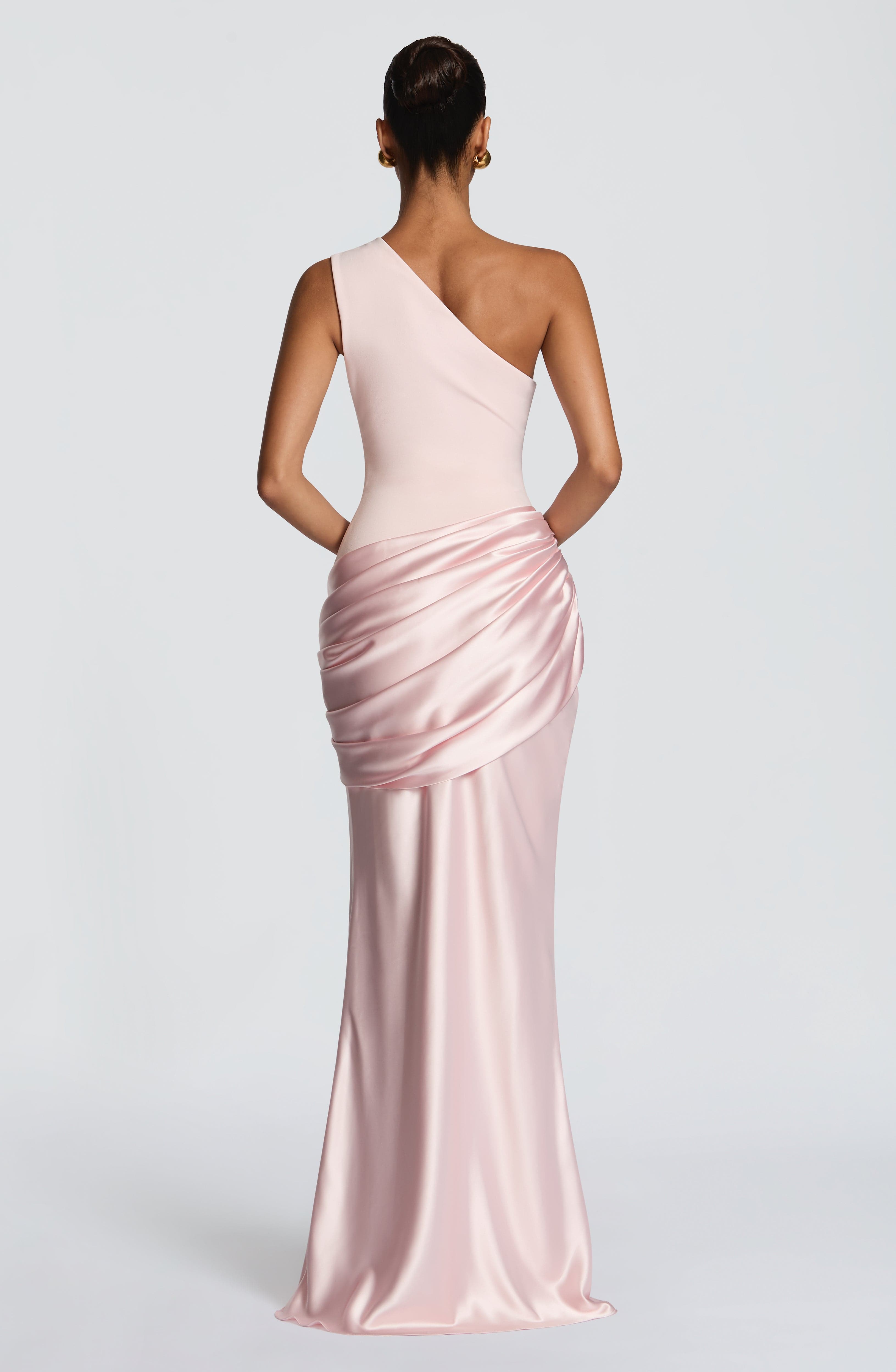 One Shoulder Ruched Draped Satin-Finish Graduation Dress