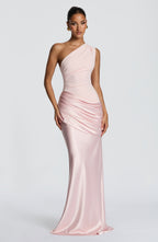 One Shoulder Ruched Draped Satin-Finish Graduation Dress