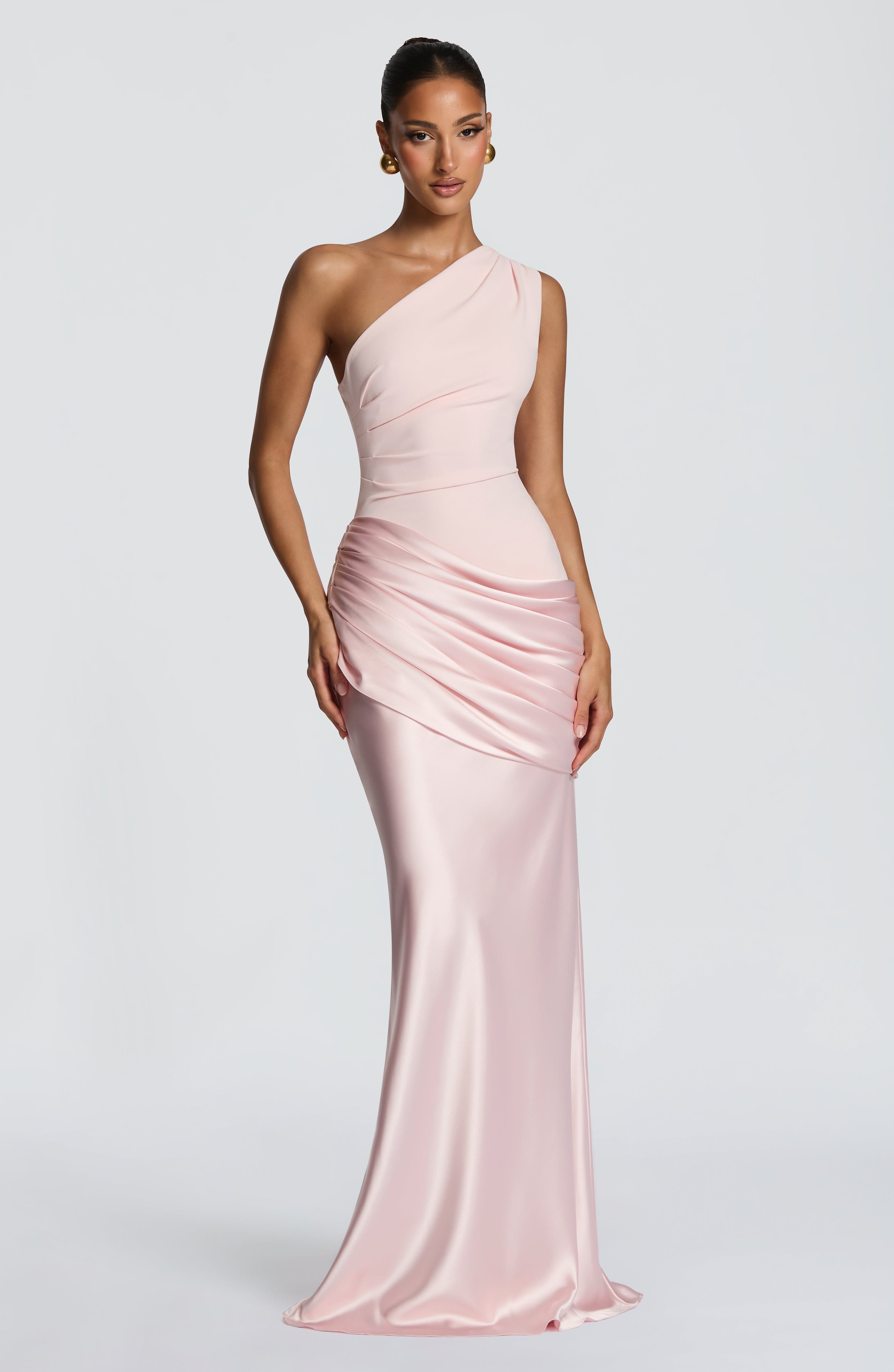 One Shoulder Ruched Draped Satin-Finish Graduation Dress