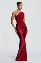 One Shoulder Ruched Draped Satin-Finish Graduation Dress