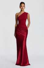 One Shoulder Ruched Draped Satin-Finish Graduation Dress