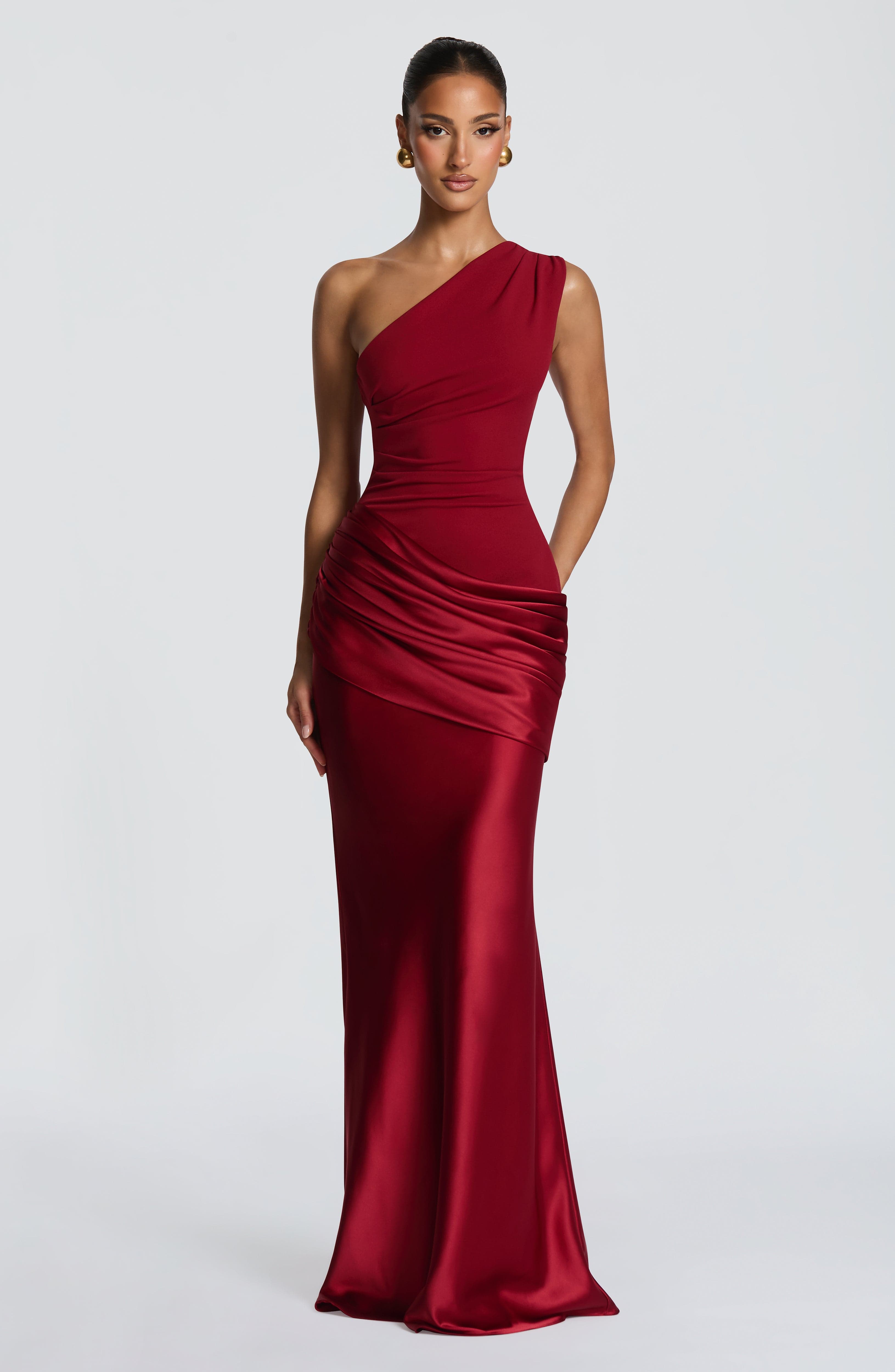 One Shoulder Ruched Draped Satin-Finish Graduation Dress