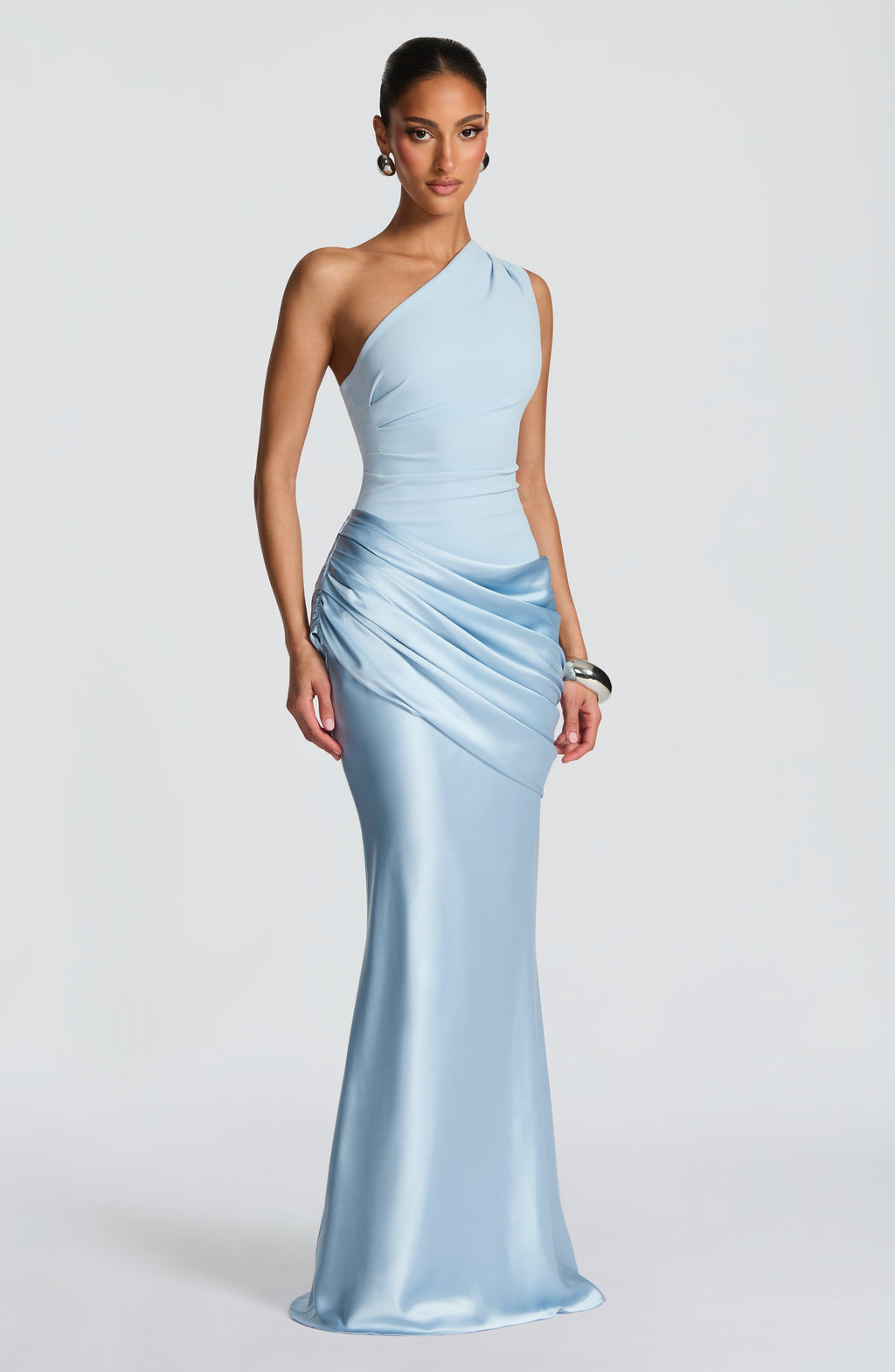 One Shoulder Ruched Draped Satin-Finish Graduation Dress