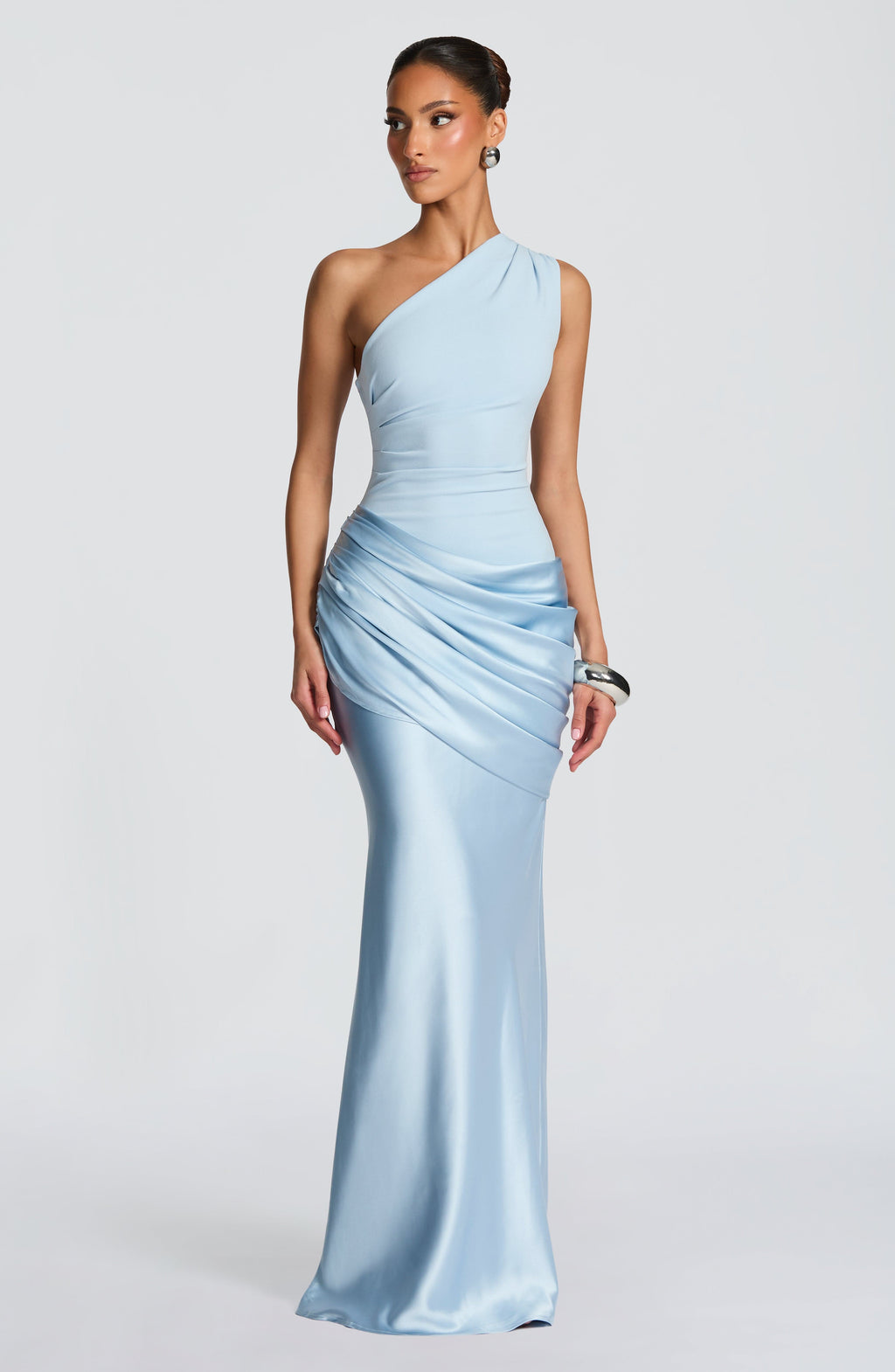 One Shoulder Ruched Draped Satin-Finish Graduation Dress