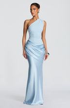 One Shoulder Ruched Draped Satin-Finish Graduation Dress