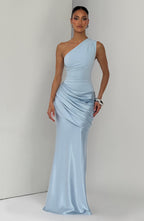 One Shoulder Ruched Draped Satin-Finish Graduation Dress