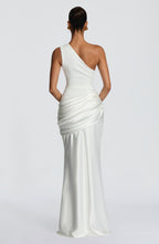 One Shoulder Ruched Draped Satin-Finish Graduation Dress