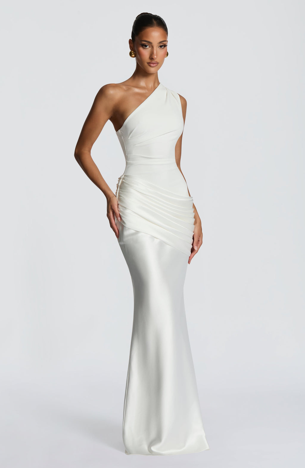 One Shoulder Ruched Draped Satin-Finish Graduation Dress